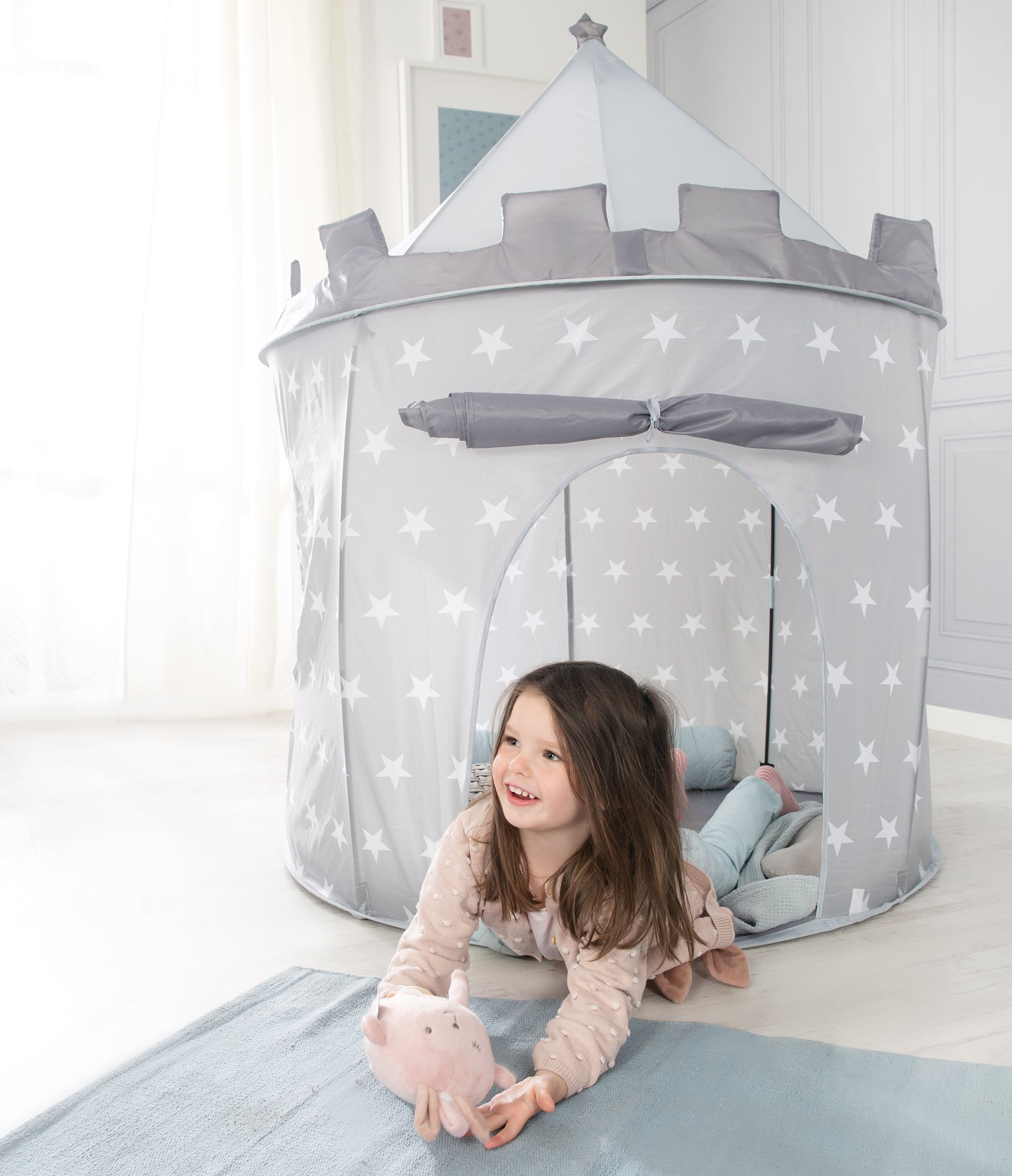 Kinderzelt Ritterburg für Kinder aus grauem Stoff mit Sternenmotiv