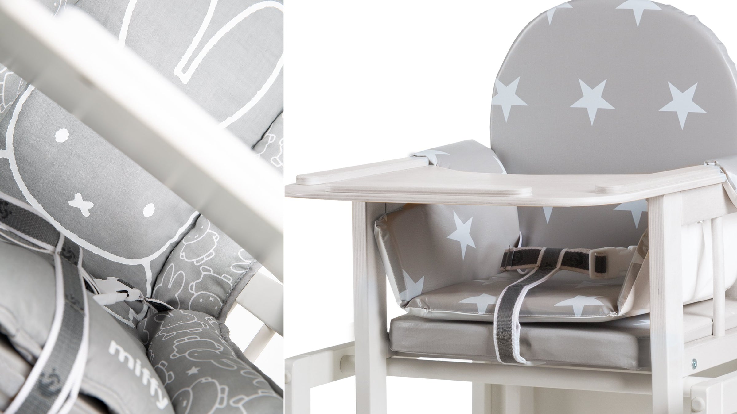 Sitzverkleinerer für Hochstühle bezogen in grauem Stoff mit Miffy-Motiv