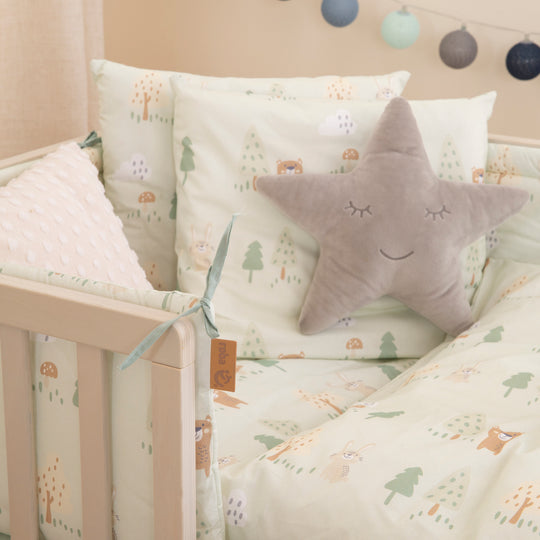 Ensemble de lit 70 x 140 cm 'Woodland Buddies' - Lit convertible pour enfant avec accessoires - Blanc / Vert