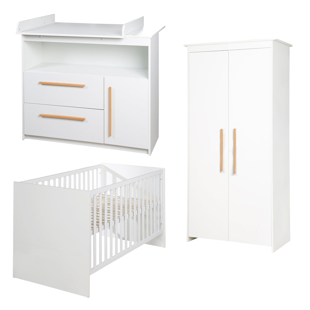 Kinderzimmer 'Lilo' - Kombi-Bett 70x140 + Wickelkommode + Kleiderschrank 2-türig - Weiß
