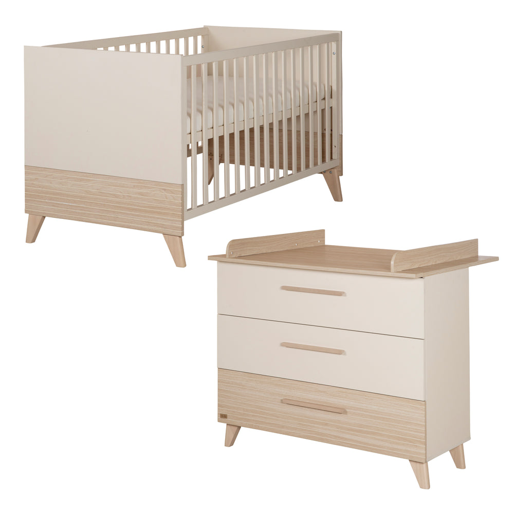 Furniture Set 'Sidney' 2-Piece - Children's Bed 70x140 cm + Changing Dresser - Cashmere / Oak Decor