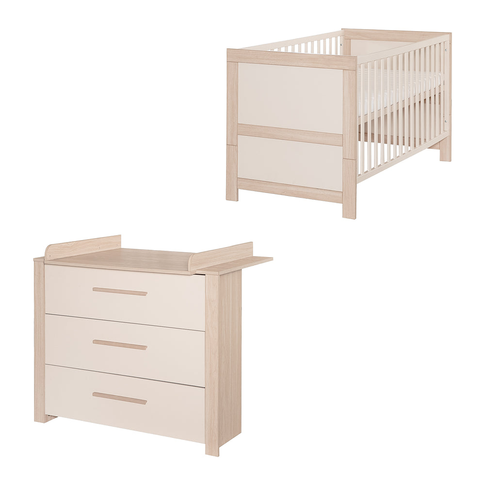 2-piece Nursery Set 'Momo' - Cot 70x140 + Changing Table Dresser - Cashmere / Tristan Oak