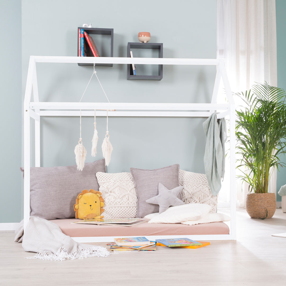 Lit de maison 70 x 140 cm - Lit Montessori en bois laqué blanc - Certifié FSC