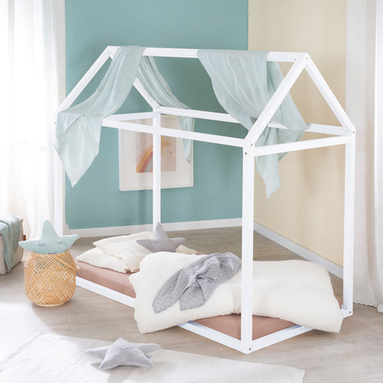 Lit de maison 70 x 140 cm - Lit Montessori en bois laqué blanc - Certifié FSC