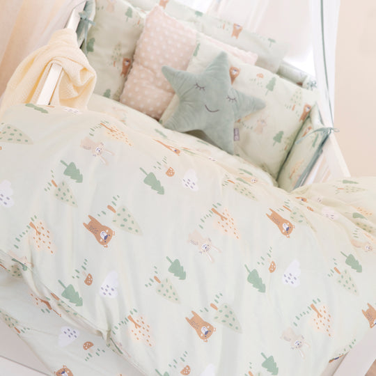 Ensemble de lit 70 x 140 cm 'Woodland Buddies' - Lit convertible pour enfant avec accessoires - Blanc / Vert