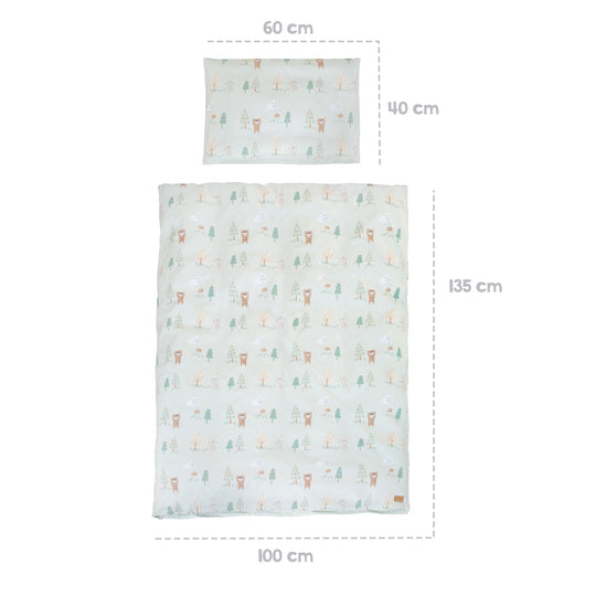 Ropa de cama 'Woodland Buddies' - funda de edredón 100 x 135 cm + almohada 40 x 60 cm - verde pastel