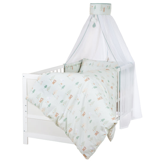 Juego de ropa de cama para niños 'Woodland Buddies' 4 piezas - dosel, protector de cuna y ropa de cama - verde pastel