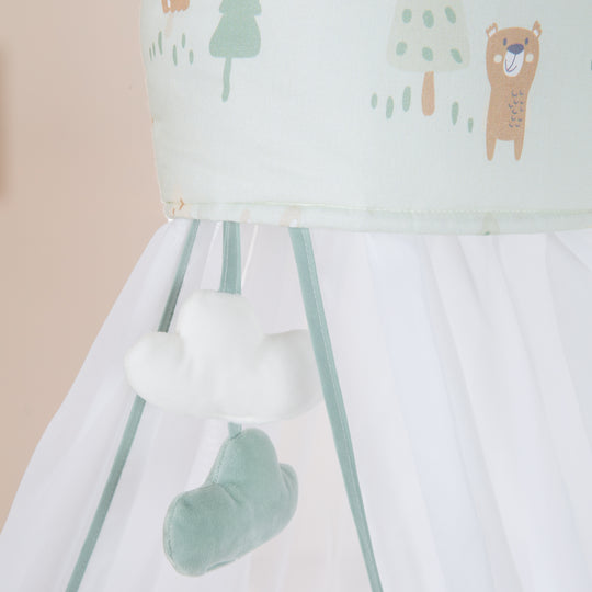 Juego de ropa de cama para niños 'Woodland Buddies' 4 piezas - dosel, protector de cuna y ropa de cama - verde pastel