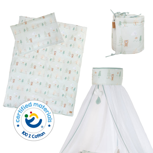 Juego de ropa de cama para niños 'Woodland Buddies' 4 piezas - dosel, protector de cuna y ropa de cama - verde pastel