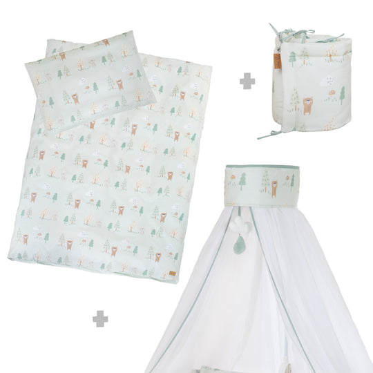 Juego de ropa de cama para niños 'Woodland Buddies' 4 piezas - dosel, protector de cuna y ropa de cama - verde pastel