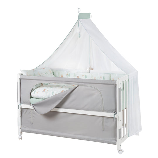 Room Bed 60 x 120 cm Woodland Buddies - Incl. Mattress, Bedding, Canopy & Caster Set - White