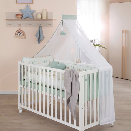 Room Bed 60 x 120 cm Woodland Buddies - Incl. Mattress, Bedding, Canopy & Caster Set - White