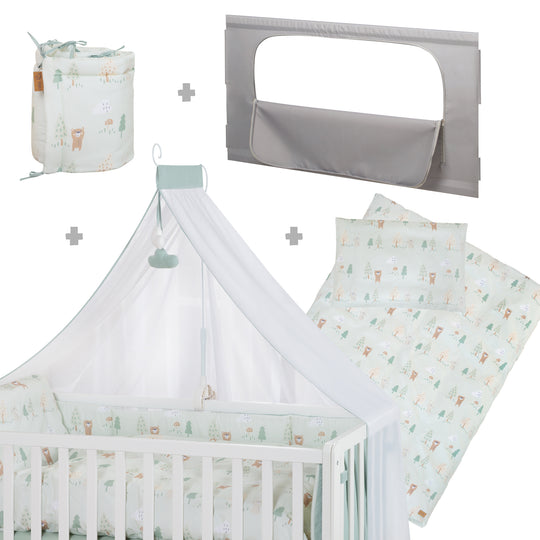 Room Bed 60 x 120 cm Woodland Buddies - Incl. Mattress, Bedding, Canopy & Caster Set - White
