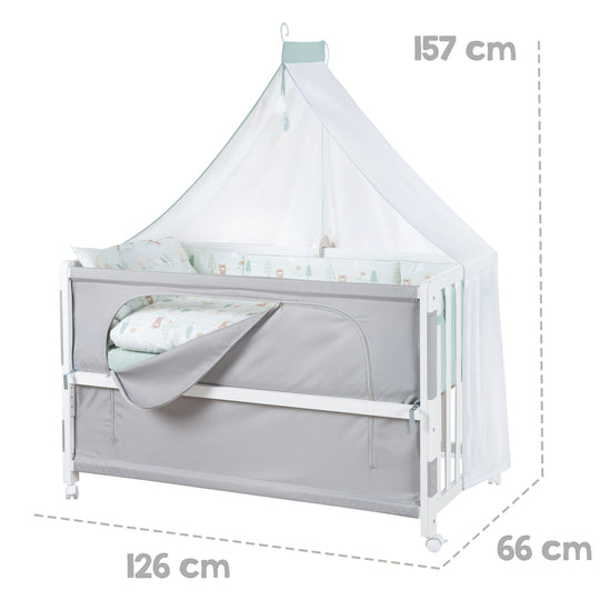 Room Bed 60 x 120 cm Woodland Buddies - Incl. Mattress, Bedding, Canopy & Caster Set - White