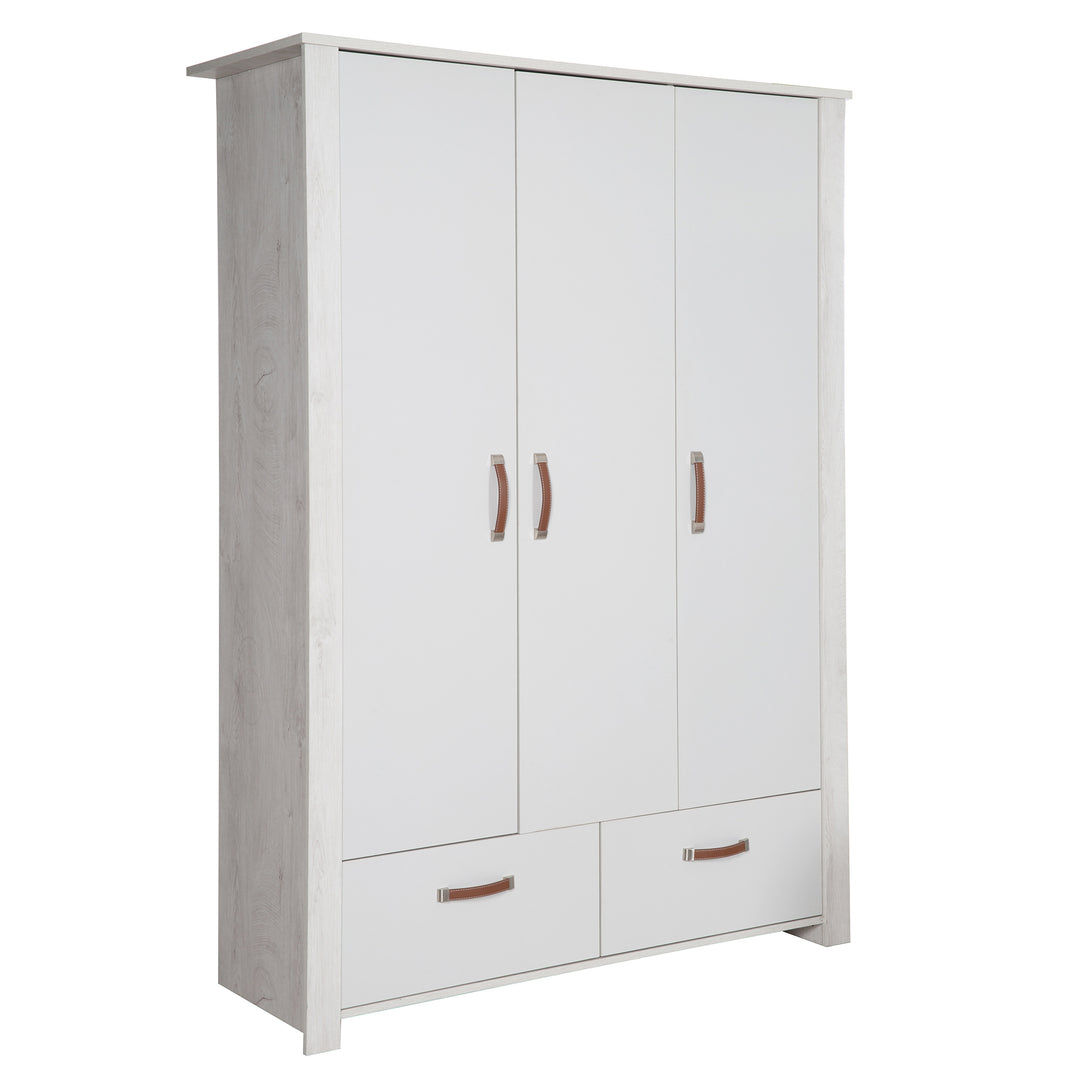 Armoire 'Mila', 3 portes battantes, 2 tiroirs, technologie à fermeture progressive, gris/blanc