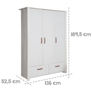 Armoire "Mila" 3 portes battantes, 2 tiroirs, technologie à fermeture progressive, gris/blanc