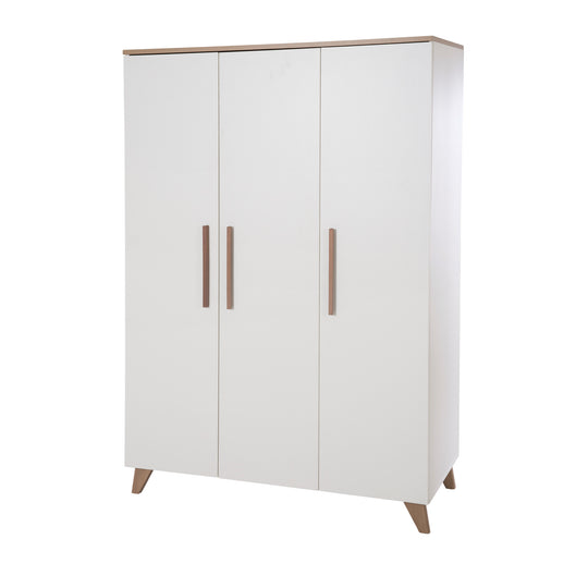 Armoire 'Ole' 3 portes avec poignées et pieds en bois - Blanc / Décor chêne