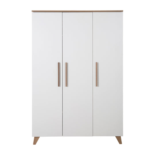 Armoire 'Ole' 3 portes avec poignées et pieds en bois - Blanc / Décor chêne