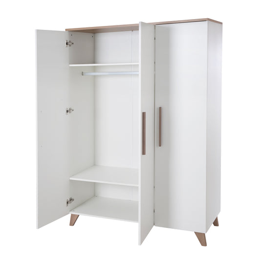 Armoire 'Ole' 3 portes avec poignées et pieds en bois - Blanc / Décor chêne