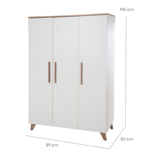 Armoire 'Ole' 3 portes avec poignées et pieds en bois - Blanc / Décor chêne