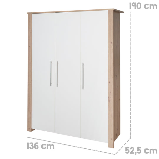 Armario 'Malo' de 3 puertas con bisagras Soft-Close - Blanco / Decoración de roble