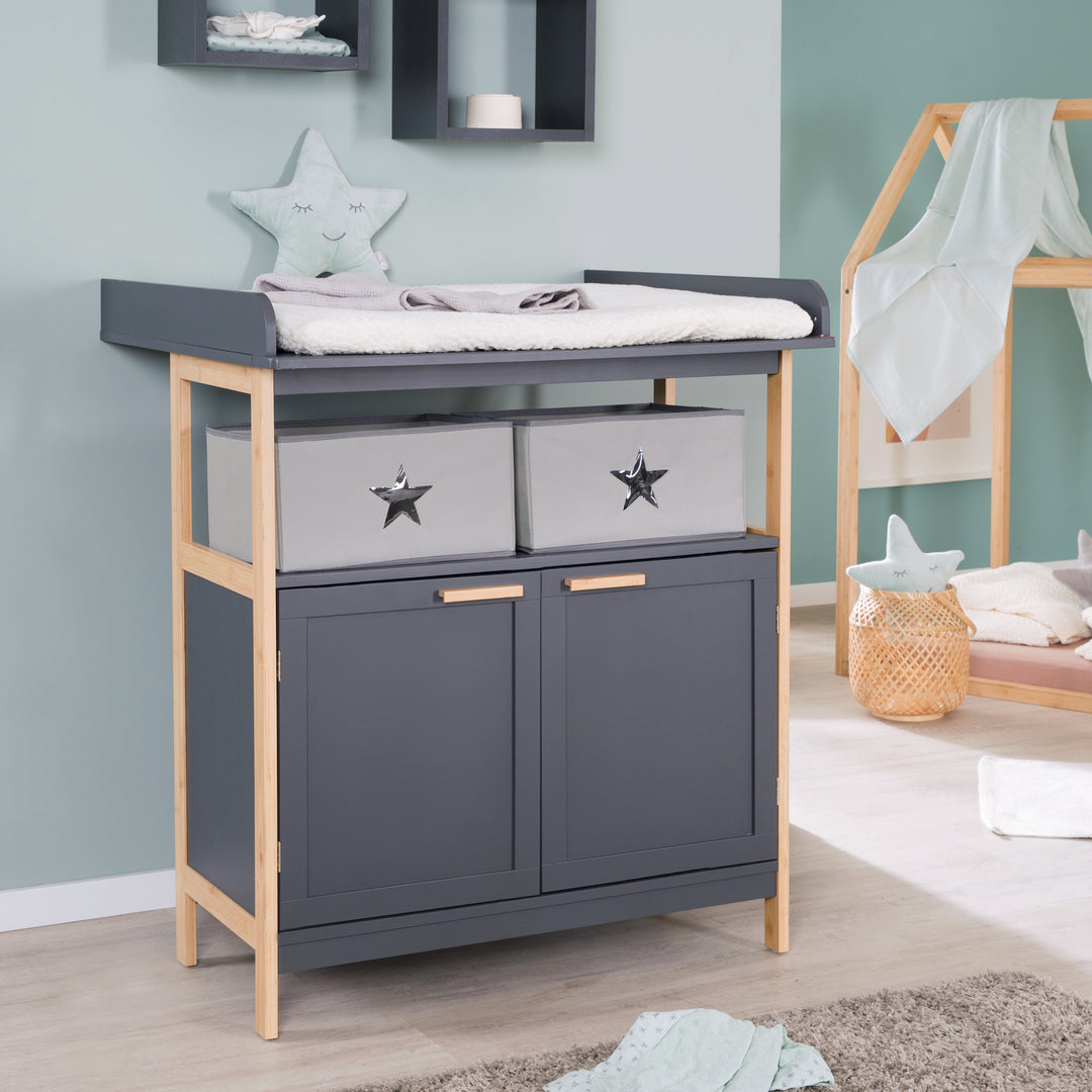 Commode à langer 'Berlin' - 2 portes + 2 bôites - Anthracite / Bambou