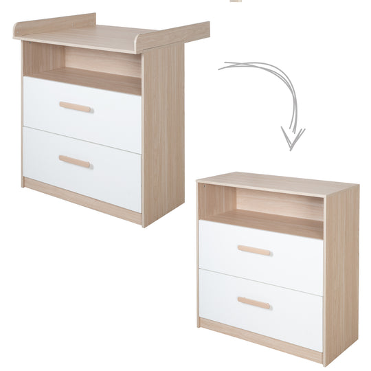 Commode à langer 'Cabane' avec tiroirs - Poignées en bois - Blanc / Chêne