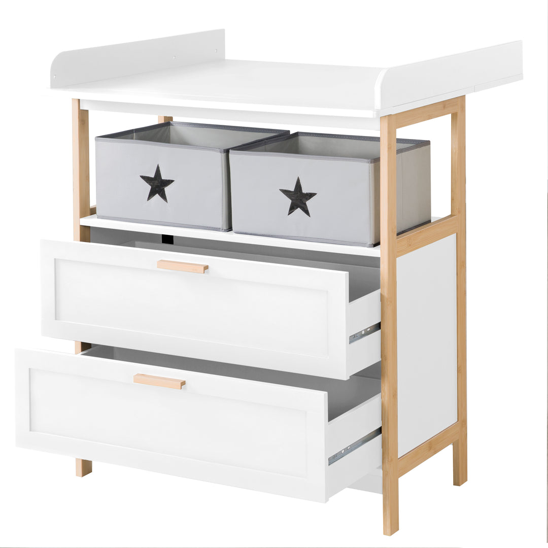 Commode à langer 'Berlin' - 2 tiroirs + 2 bôites - Blanc / Bambou