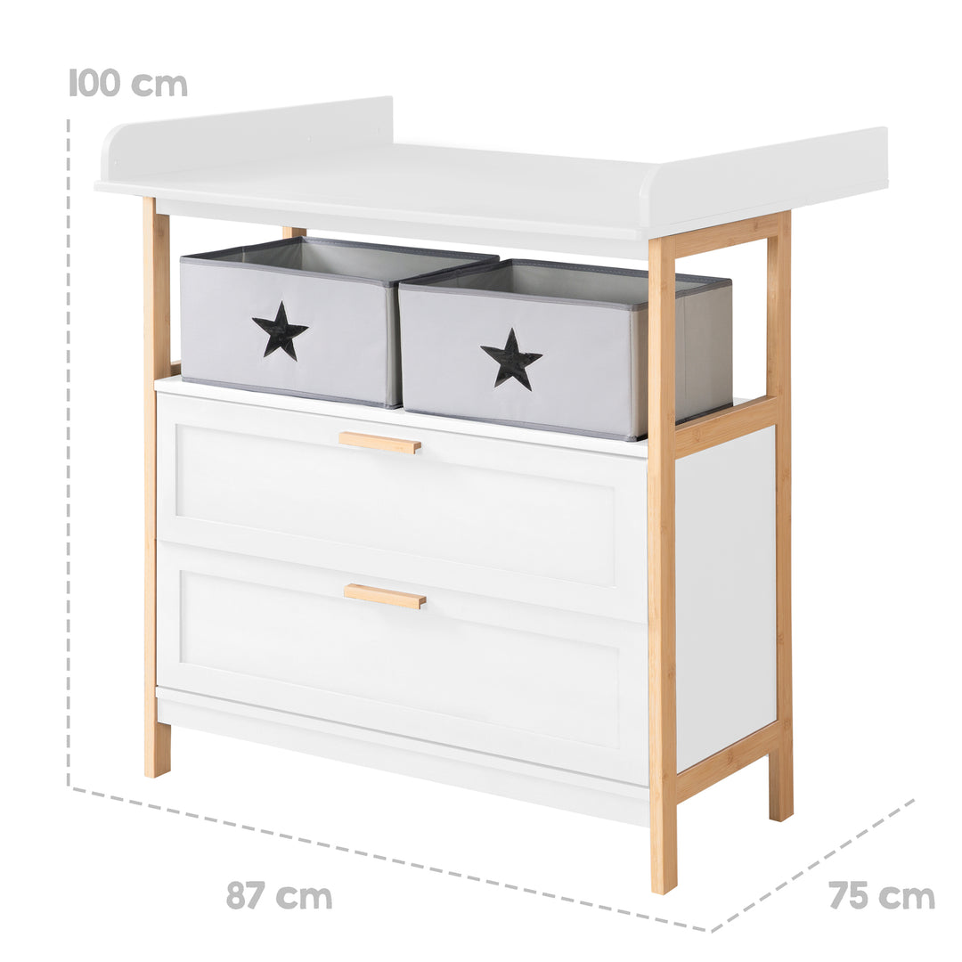 Commode à langer 'Berlin' - 2 tiroirs + 2 bôites - Blanc / Bambou