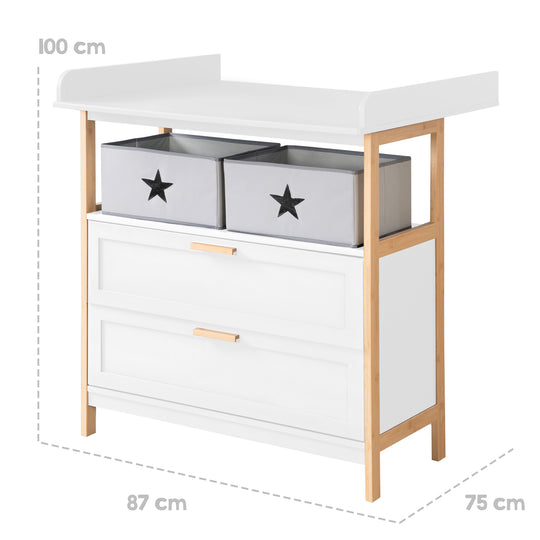 Commode à langer 'Berlin' - 2 tiroirs + 2 bôites - Blanc / Bambou