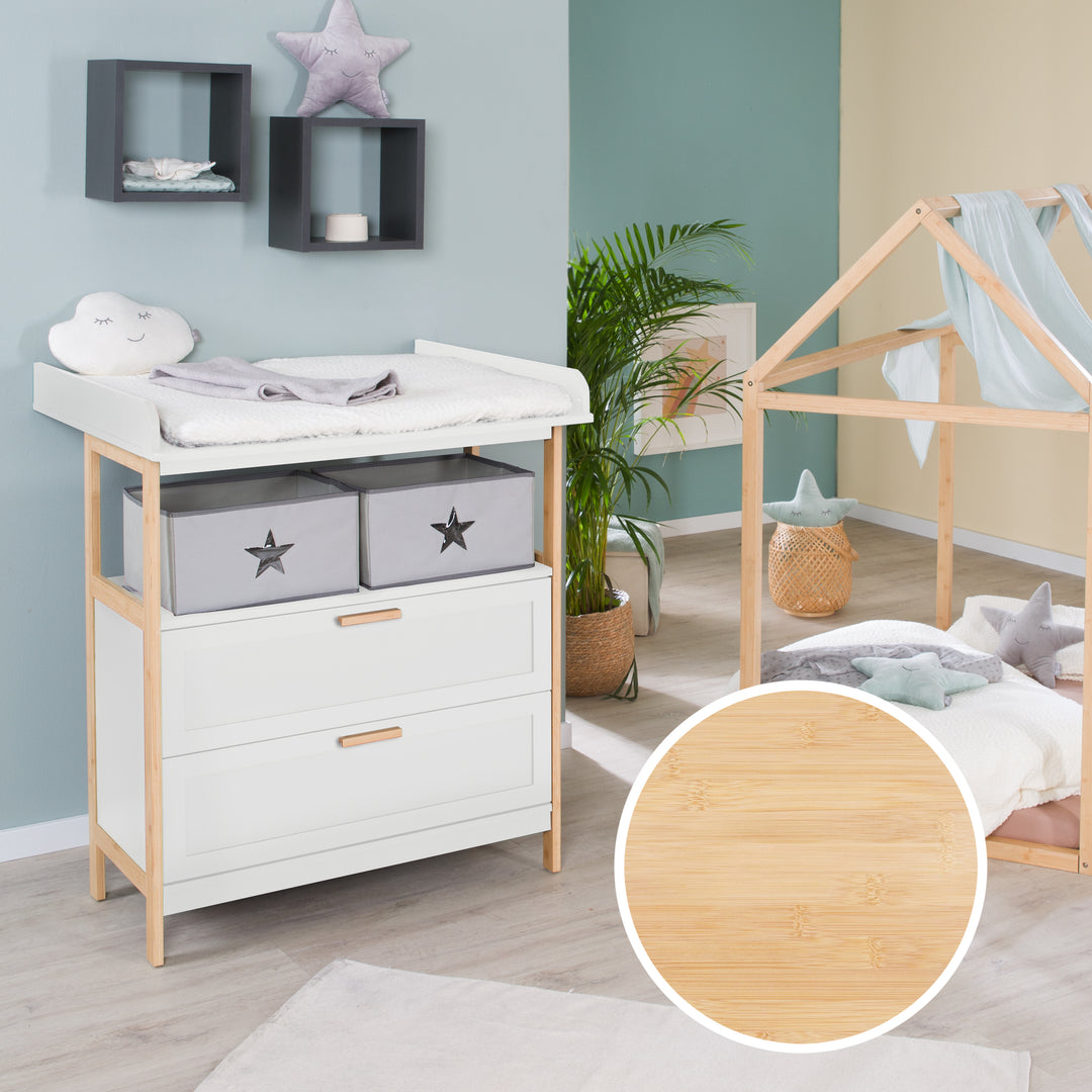Commode à langer 'Berlin' - 2 tiroirs + 2 bôites - Blanc / Bambou