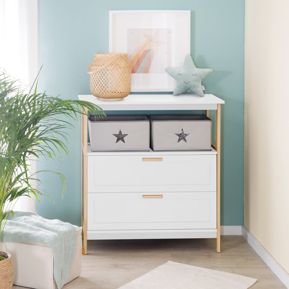 Commode à langer 'Berlin' - 2 tiroirs + 2 bôites - Blanc / Bambou