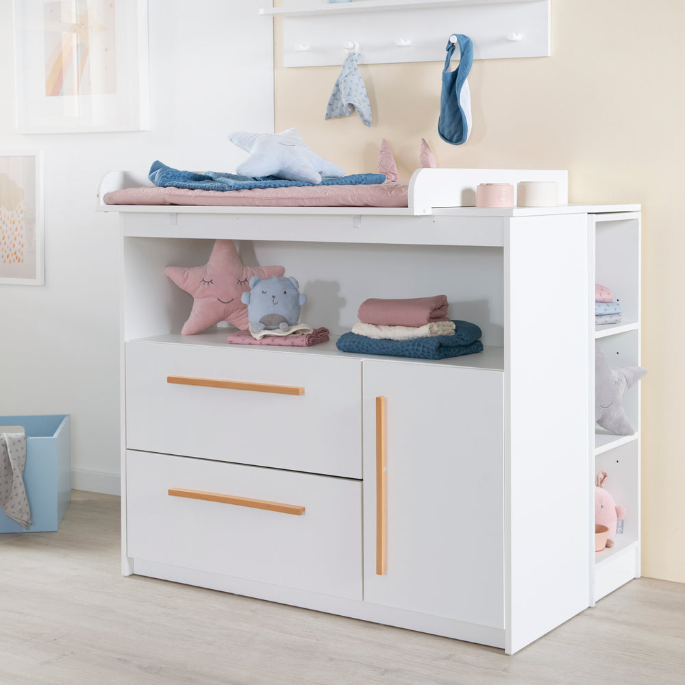 Cómoda para cambiar pañales 'Lilo' con cajones, puerta, compartimento abierto - Blanco