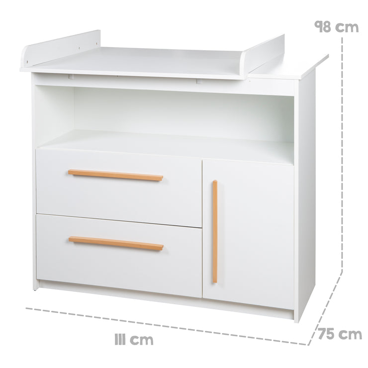 Commode à langer 'Lilo' avec tiroirs, porte, compartiment ouvert - Blanc