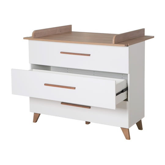 Commode à langer 'Ole' - 3 tiroirs avec poignées et pieds en bois - Chêne / Blanc