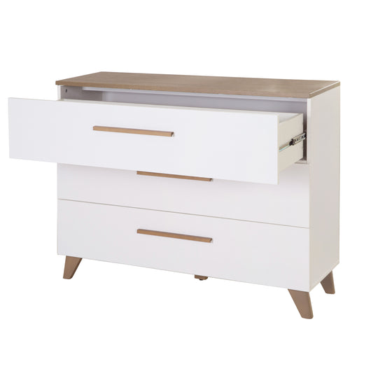 Commode à langer 'Ole' - 3 tiroirs avec poignées et pieds en bois - Chêne / Blanc
