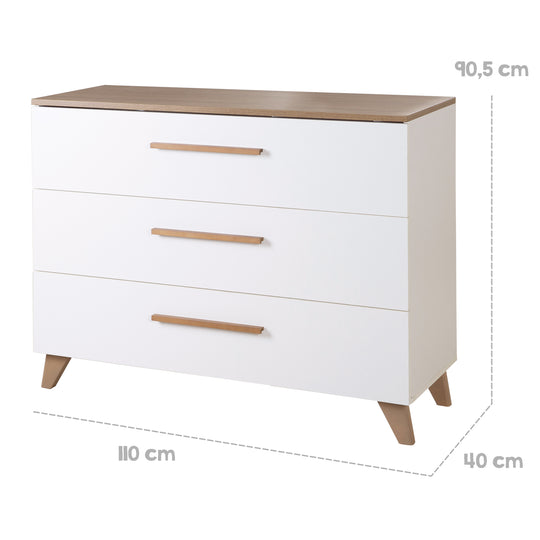 Commode à langer 'Ole' - 3 tiroirs avec poignées et pieds en bois - Chêne / Blanc
