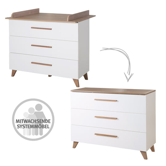 Commode à langer 'Ole' - 3 tiroirs avec poignées et pieds en bois - Chêne / Blanc