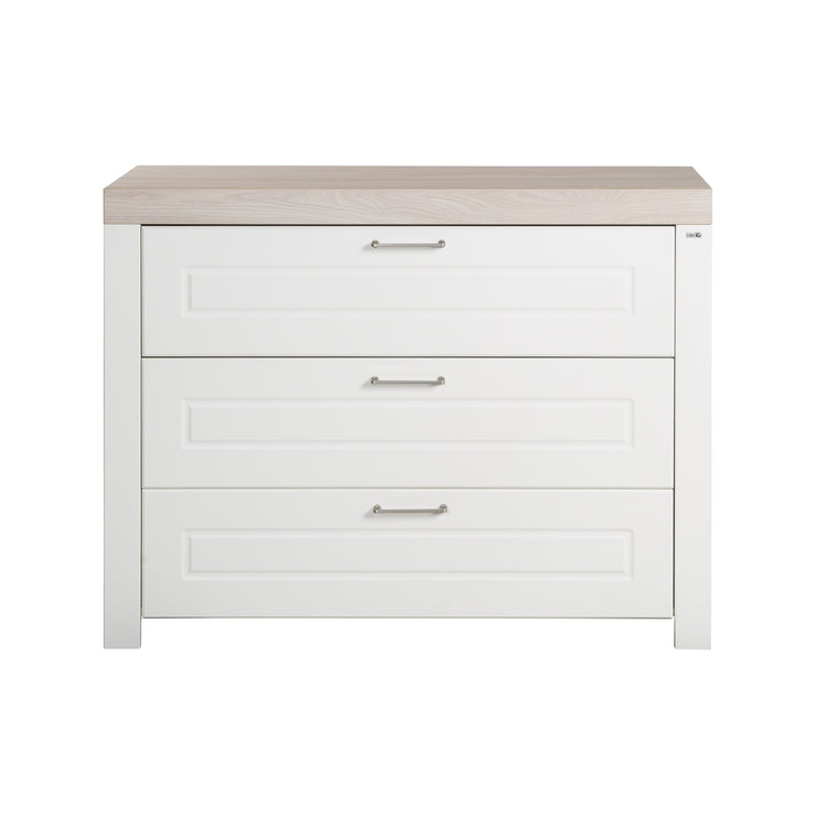 Chest of Drawers 'Felicia' with 3 Drawers - Metal Handles - White / Wood Decor