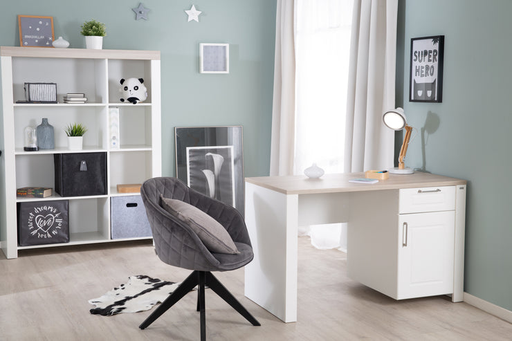 Desk 'Felicia' with Door & Drawer - White / Woodgrain 'Luna Elm' Decor