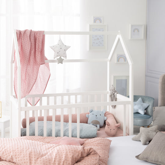 Lit cabane 2 en 1 - 60 x 120 cm - Lit bébé et cododo - Réglable en hauteur - Certifié FSC - Blanc