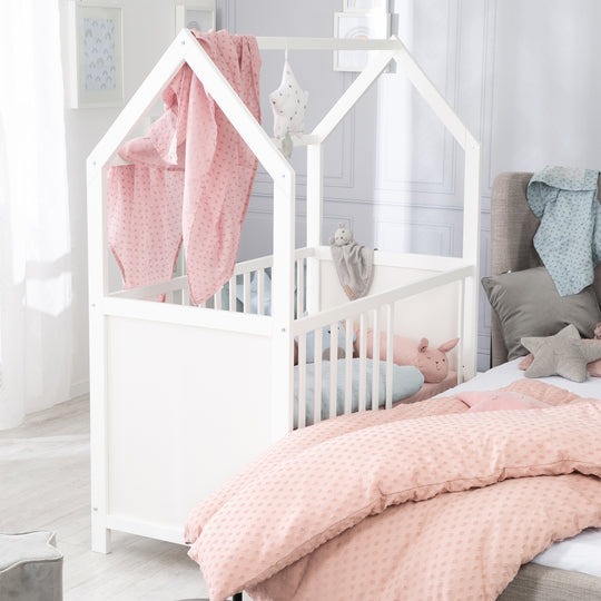 Lit cabane 2 en 1 - 60 x 120 cm - Lit bébé et cododo - Réglable en hauteur - Certifié FSC - Blanc