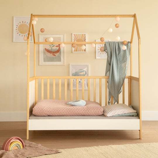 Cama casita 70 x 140 cm, certificado FSC, cama infantil convertible, bicolor, ajustable en 3 posiciones, convertible