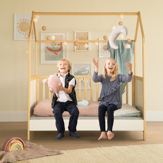 Cama casita 70 x 140 cm, certificado FSC, cama infantil convertible, bicolor, ajustable en 3 posiciones, convertible