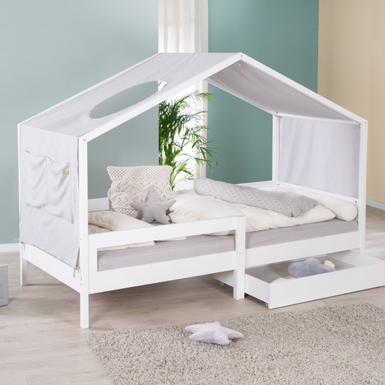Lit de maison 90 x 200 cm avec barrières latérales - Lit Montessori pour enfant - Bois blanc