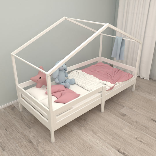 Lit de maison 90 x 200 cm avec barrières latérales - Lit Montessori pour enfant - Bois blanc