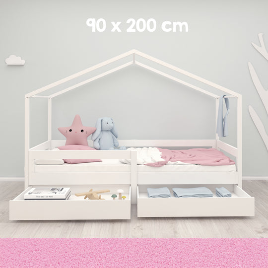 Lit de maison 90 x 200 cm avec barrières latérales - Lit Montessori pour enfant - Bois blanc
