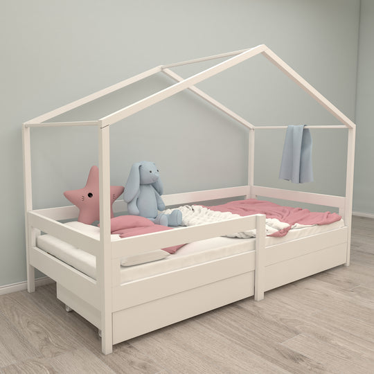 Lit de maison 90 x 200 cm avec barrières latérales - Lit Montessori pour enfant - Bois blanc