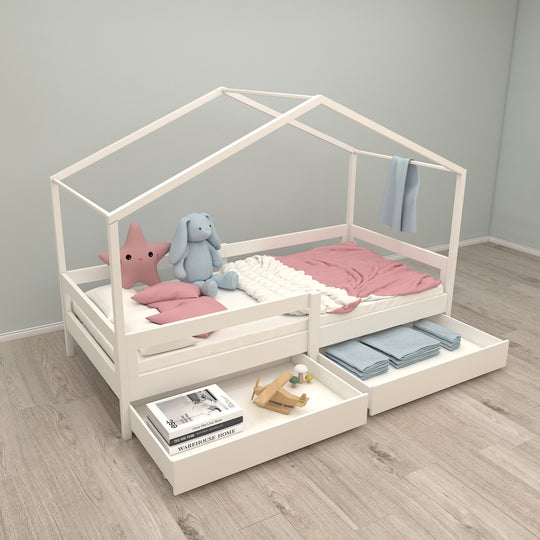 Lit de maison 90 x 200 cm avec barrières latérales - Lit Montessori pour enfant - Bois blanc