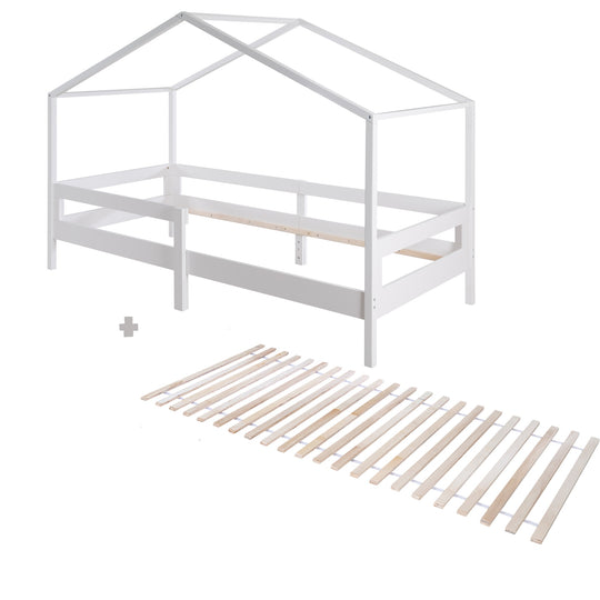 Lit de maison 90 x 200 cm avec barrières latérales - Lit Montessori pour enfant - Bois blanc